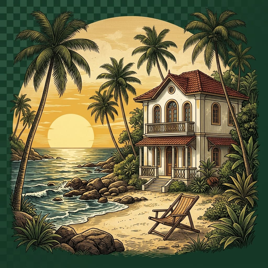 Vintage Goan Portuguese beach house with palm trees, sunset over the ocean, and beach deck chair